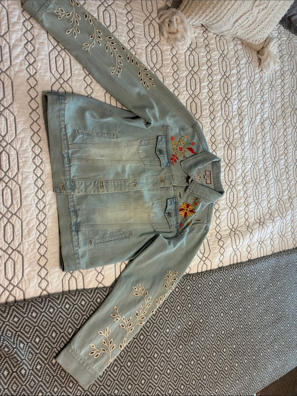 Johnny Was Pale Blue Embroidered Eyelet Jean Jacket